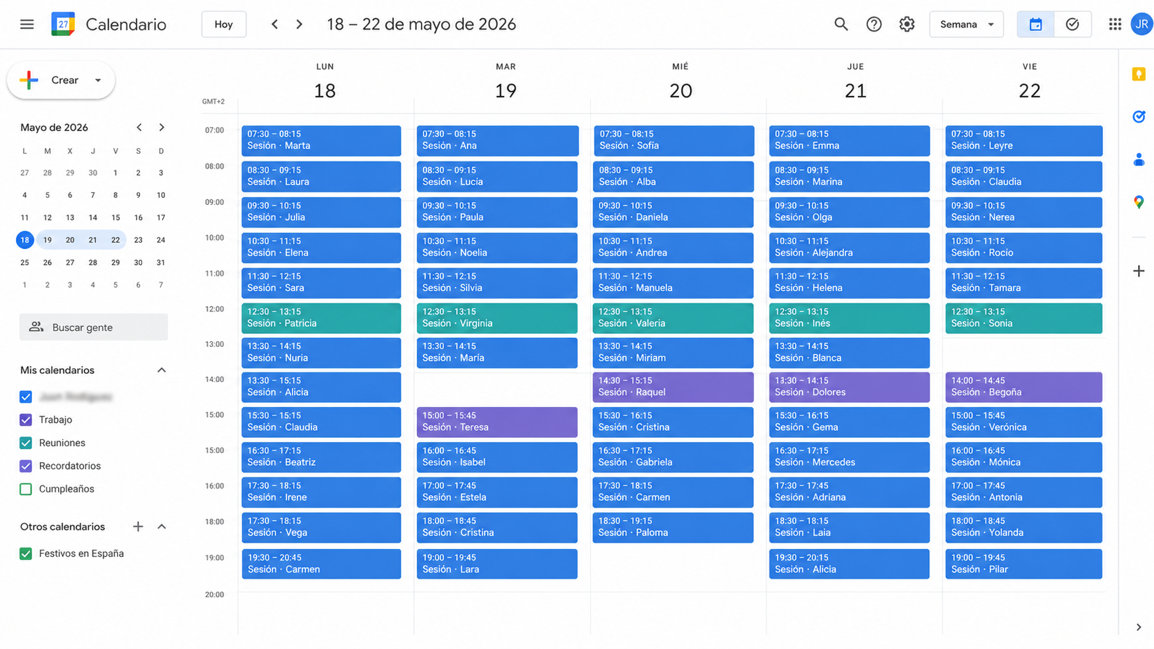Calendario semanal de un quiromasajista lleno de citas